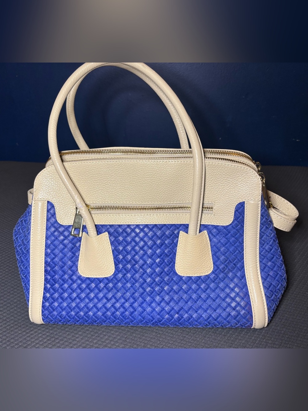 Borse in Pelle Italian Cobalt Blue Woven Leather Suede Bowler Satchel